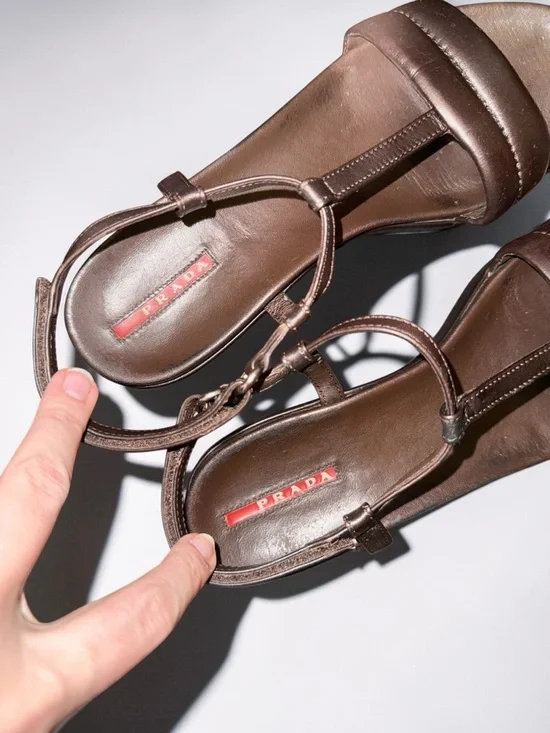 Vintage Prada Sport Linea Rossa Brown Leather T-Strap Wedge Sandals 90s - Picture 6 of 6